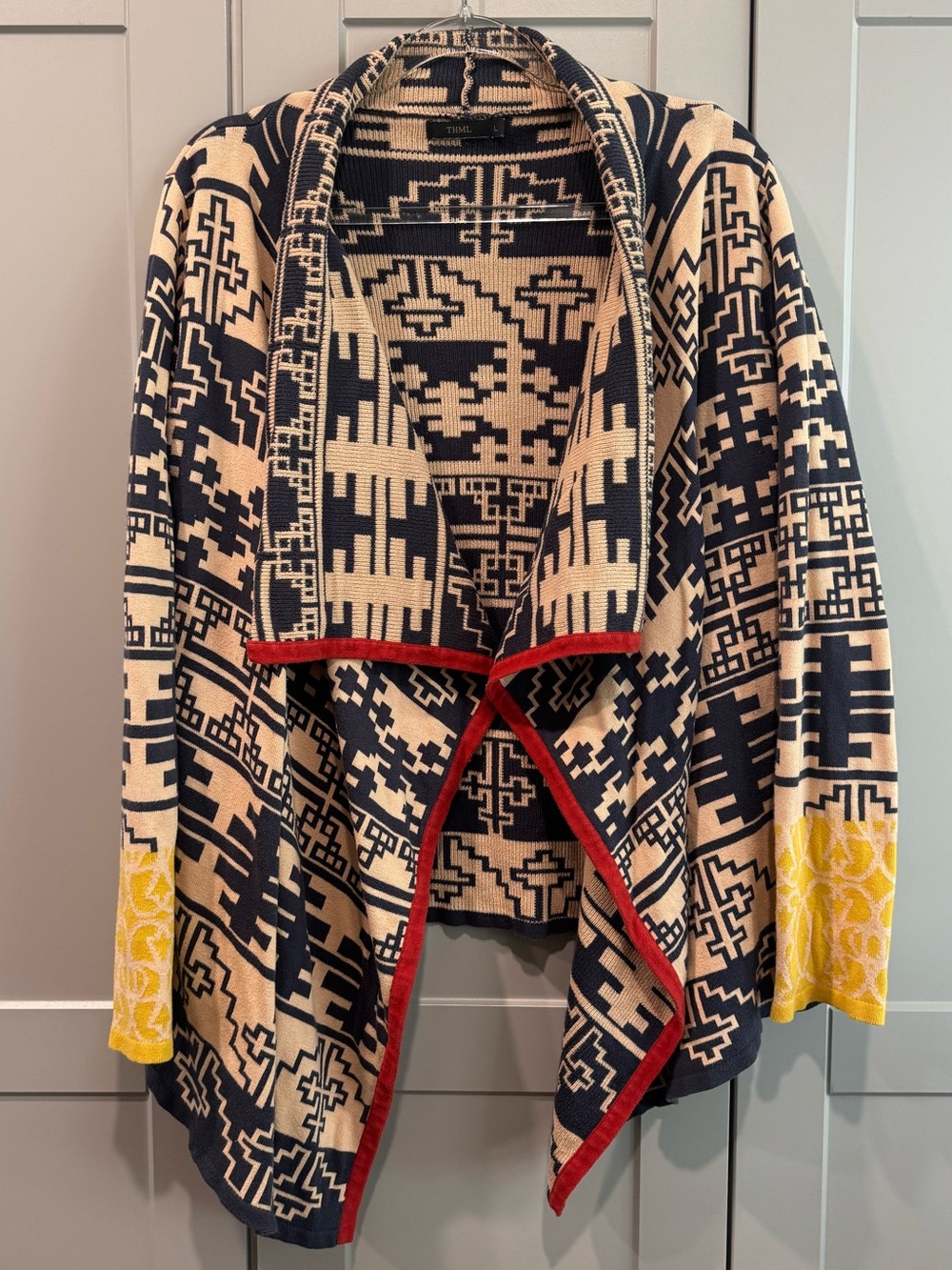THML Geometric Open-Front Cardigan — Navy, Cream, Red & Yellow